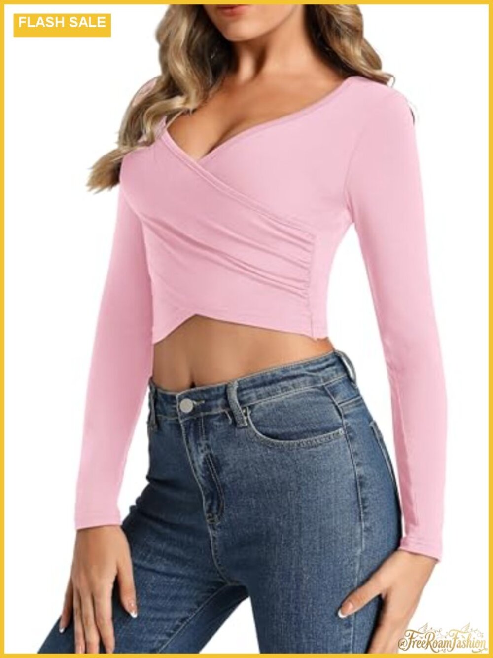 Women's Cross Wrap Crop Top Deep V Neck Fitted Long Sleeve Shirt